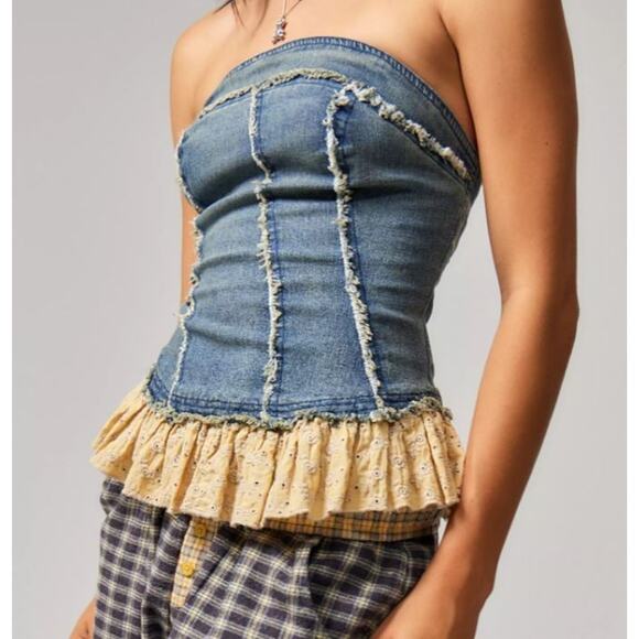 VTG Denim Corset Strapless Y2K Blue XL Baddie Strapless Peplum Frill Tube Top - Picture 1 of 10
